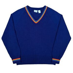Vintage Levi Strauss & Co 70s Rainbow Trim V-Neck Sweater Blue Knit Pullover S